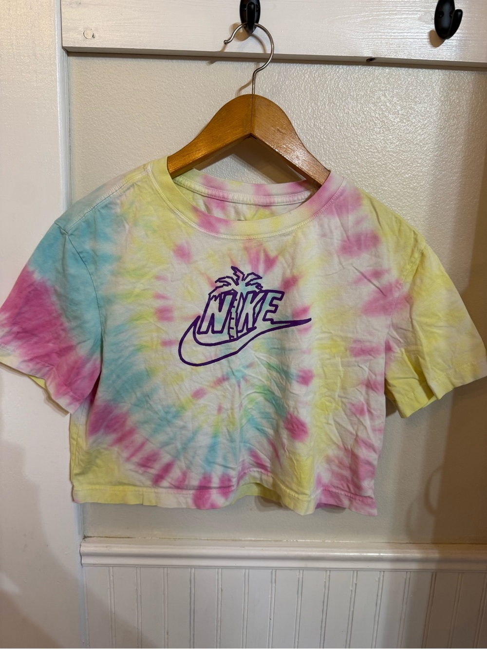 Nike Tie-Dye Crop Tee in Yellow, Pink & Blue with Purple Logo